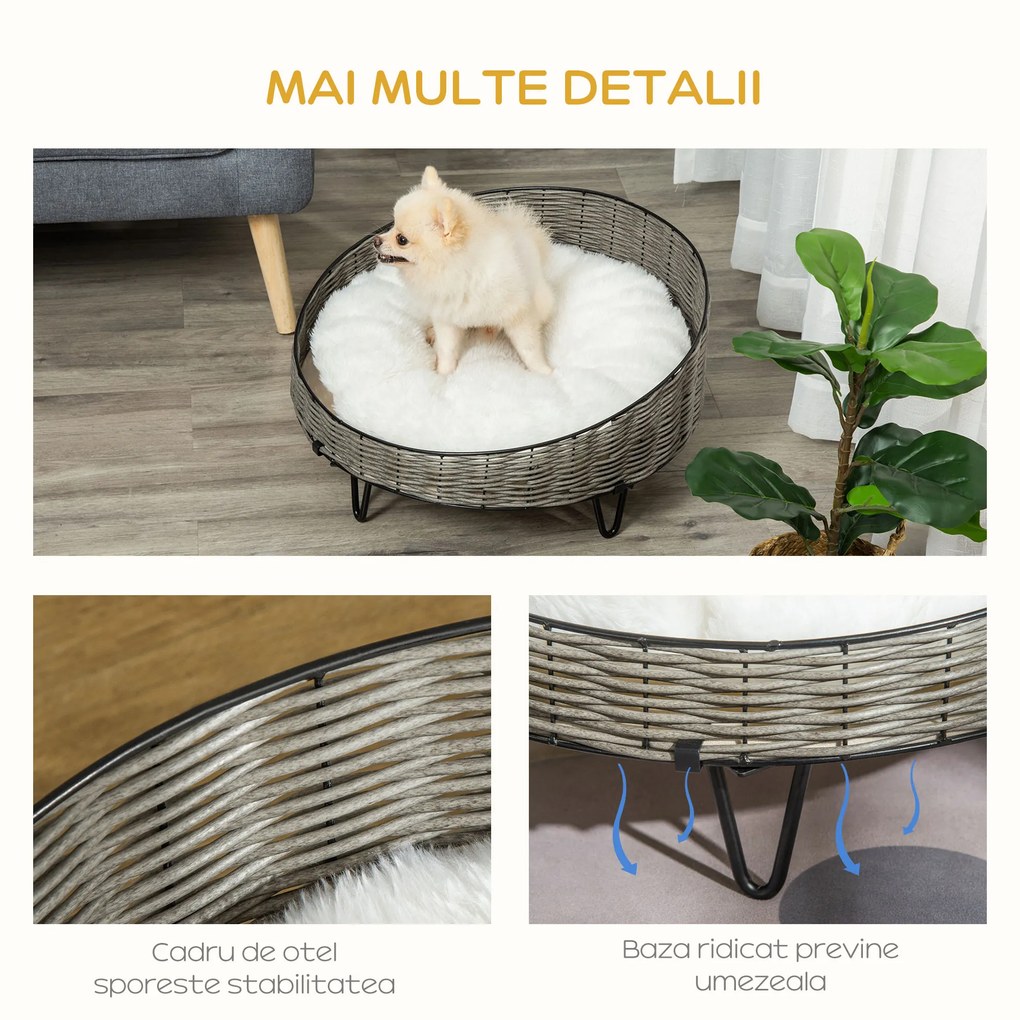 PawHut Culcuș Confortabil din Ratan PE pentru Pisici și Câini de Talie Mică, cu Pernă Moale, Ideal pentru Interior, Design Elegant | Aosom Romania