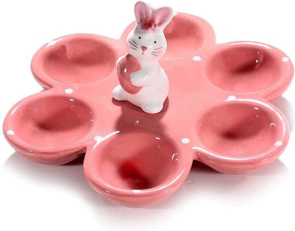 Platou Paste Iepuras 6 oua ceramica roz 17 cm x 15 cm x 7 h