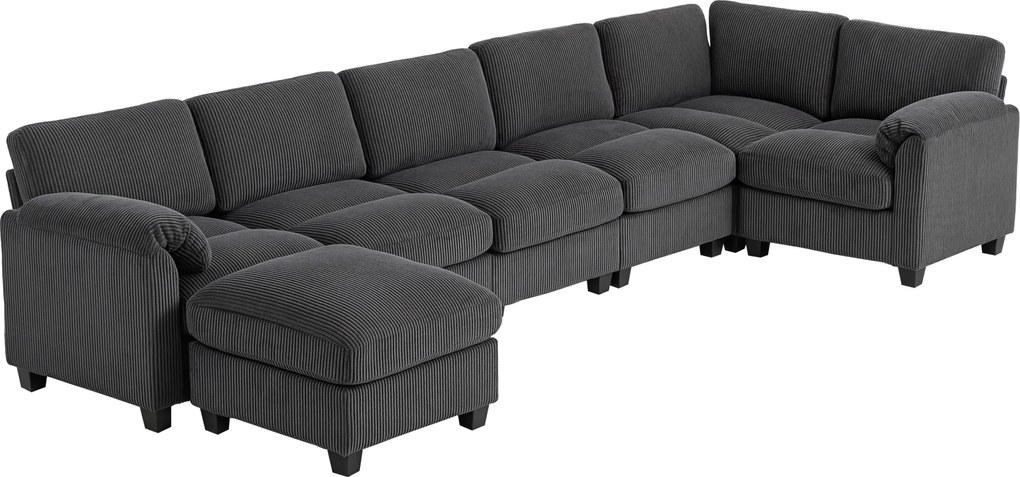 HOMCOM Colțar formă U canapea cu arcuri în buzunar, cotiere capitonate, otoman mobil, corduroy 292x224x85 cm Gri închis | Aosom Romania