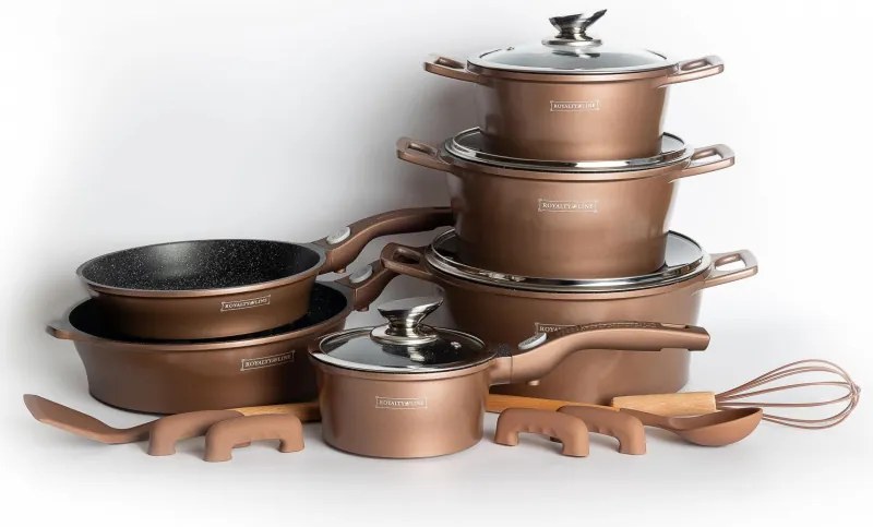 Set oale si tigai Royalty Line RL-ES2014M, 17 piese, Acoperire marmura, Inductie, Cupru