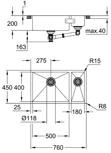 GROHE 31575SD1 - Chiuvetă de bucătărie K700U, 760 × 450 mm, inox