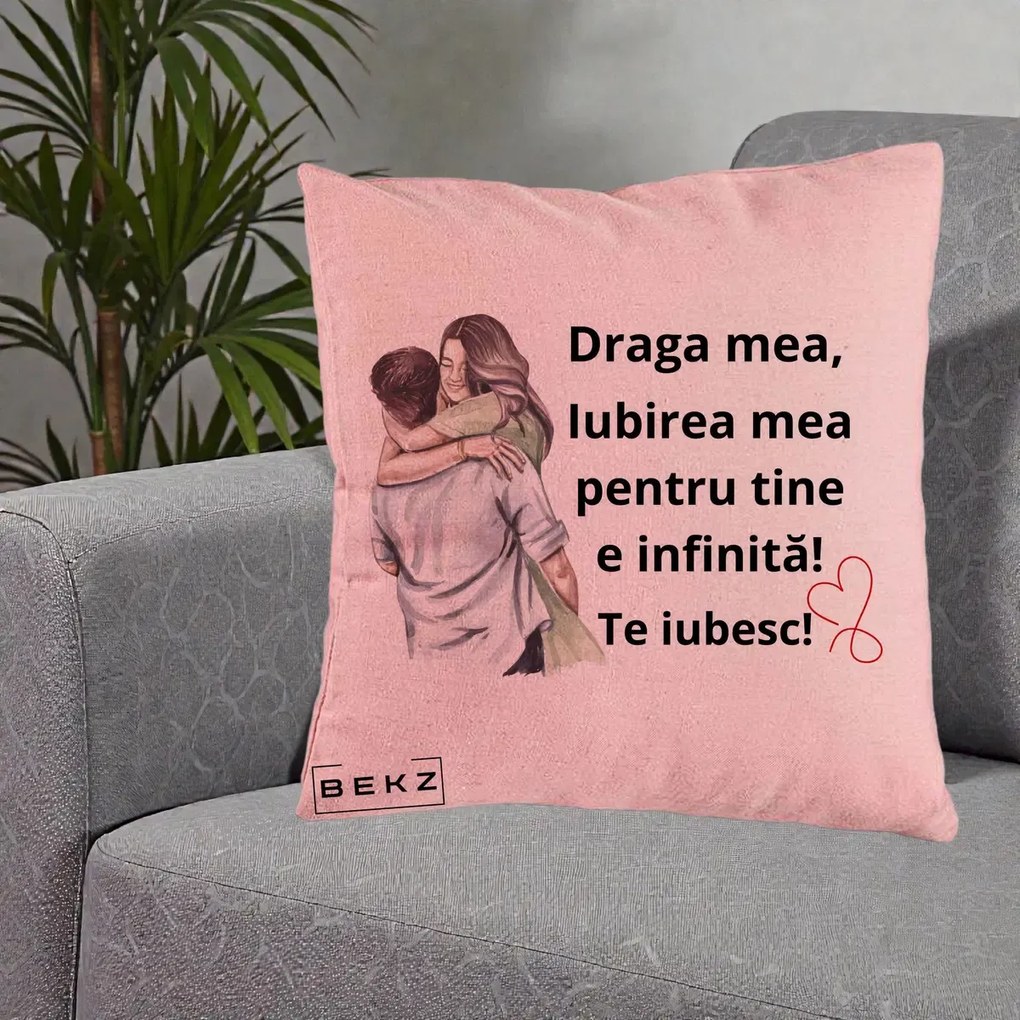 Cadou pentru Iubita - Perna Personalizata Draga Mea Iubirea Mea Infinita Te Iubesc cu Cuplu Acuarela, 40x40 cm, Roz, Husa Detasabila, Perna Inclusa, BEKZ®
