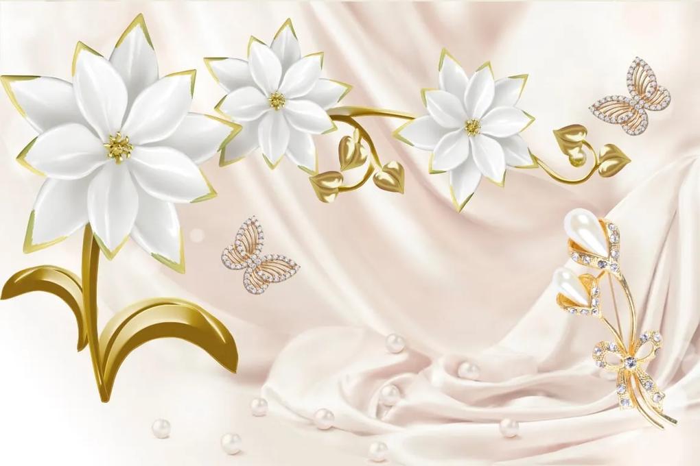 Tapet Premium Canvas - Flori albe si perle