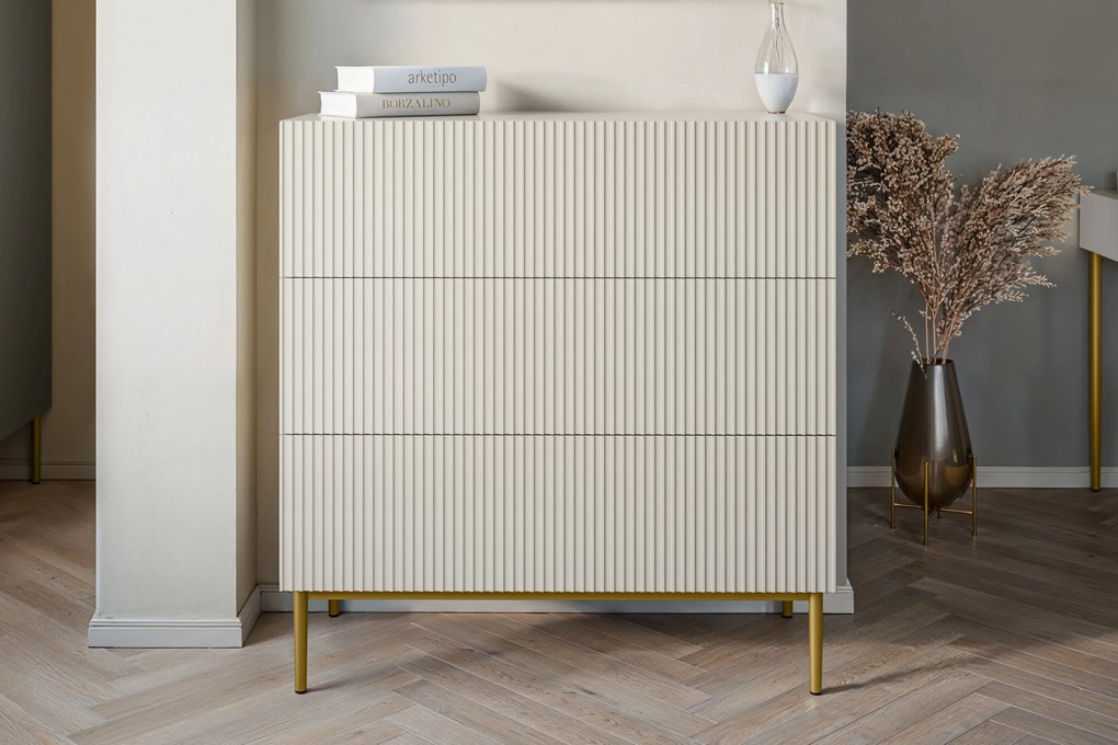 Comoda Nicole cu trei sertare cu picioare metalice 100 cm - cașmir / picioare aurii