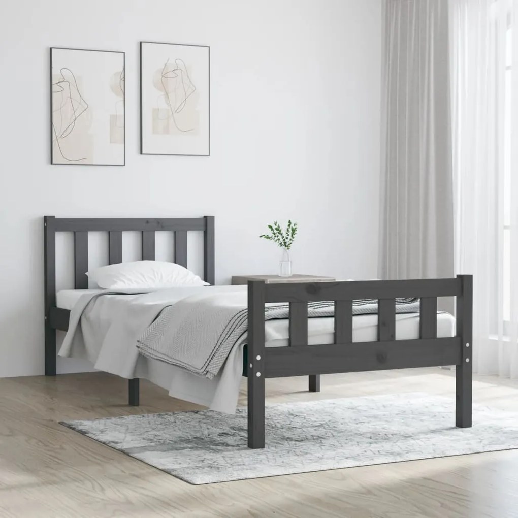 810646 vidaXL Cadru de pat single, gri, 90x190 cm, lemn masiv
