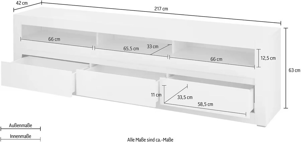 Comodă TV, în stil modern, culoare albă, fronturi MDF, 217 cm lungime