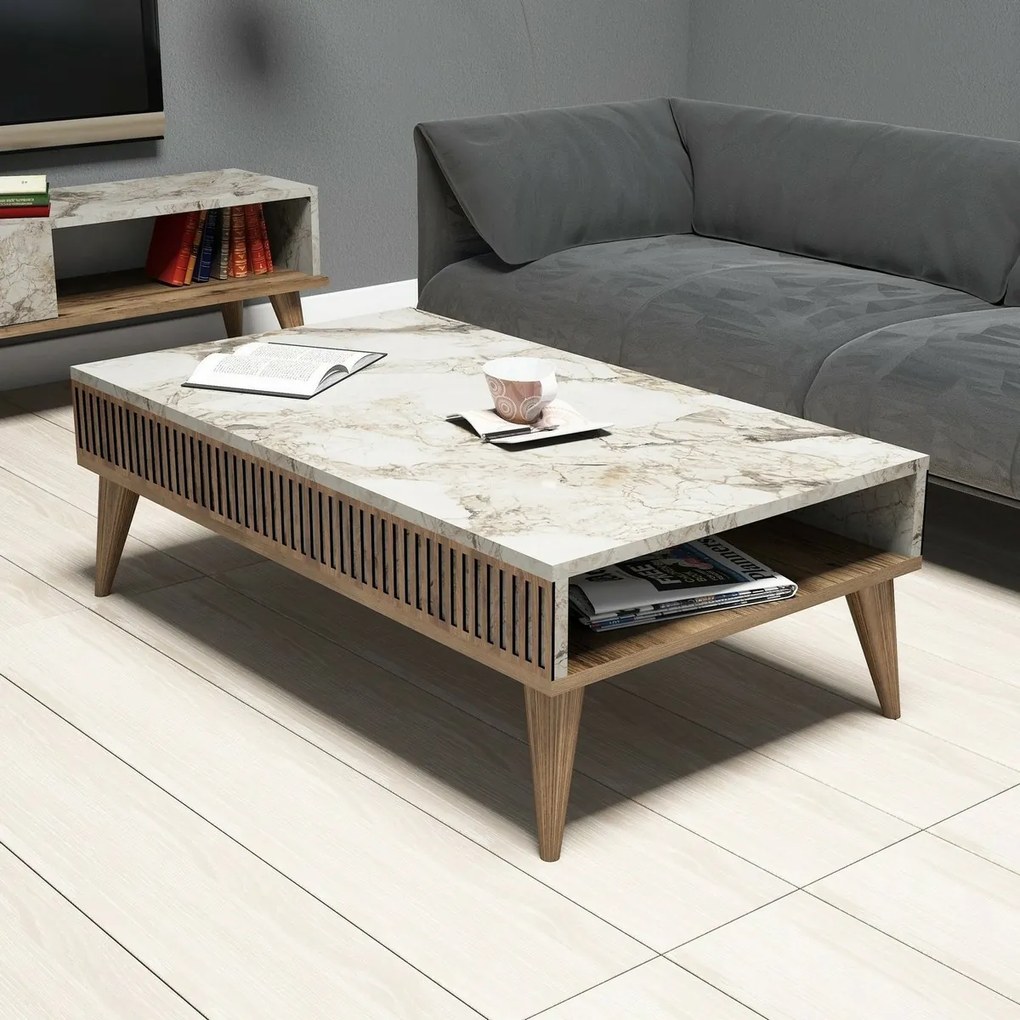 Mila White Marble and Walnut coffee table