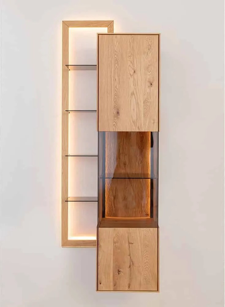 Vitrină lemn masiv Aurora cu Raft Iluminată Stejar, 73 × 37 × 175 cm