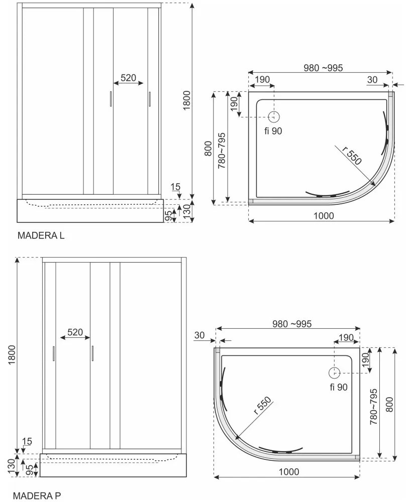 Cabină de duș curbată Madera 100x80 cu cădiță de duș, stânga