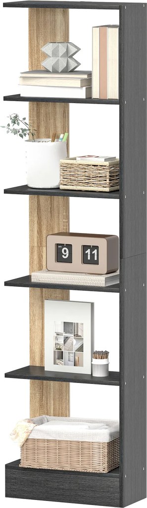 HOMCOM Raft-bibliotecă de depozitare cu 5 compartimente deschise 45 x 21 x 170 cm Negru și Stejar | Aosom Romania
