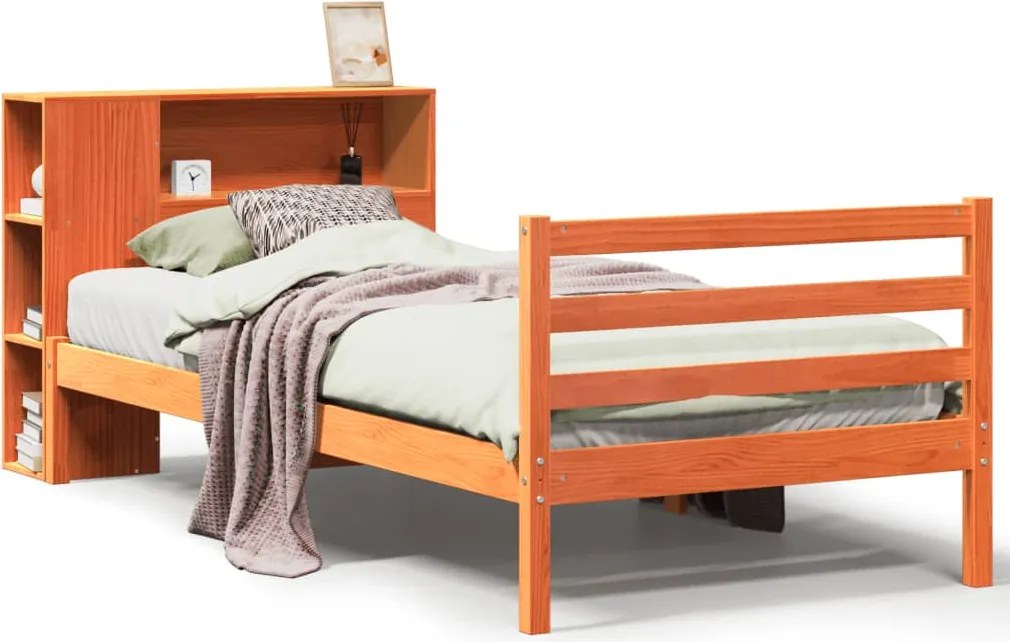 vidaXL Pat cu bibliotecă fără saltea maro ceruit 75x190 cm lemn masiv