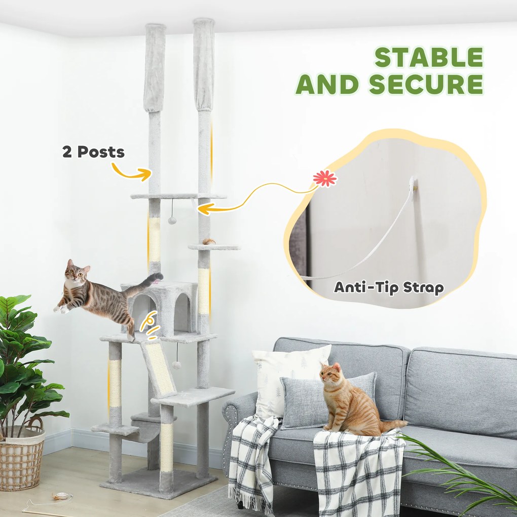 PawHut Copac zgârietoare de tavan cu înălțime ajustabilă 225-255cm Gri deschis | Aosom Romania