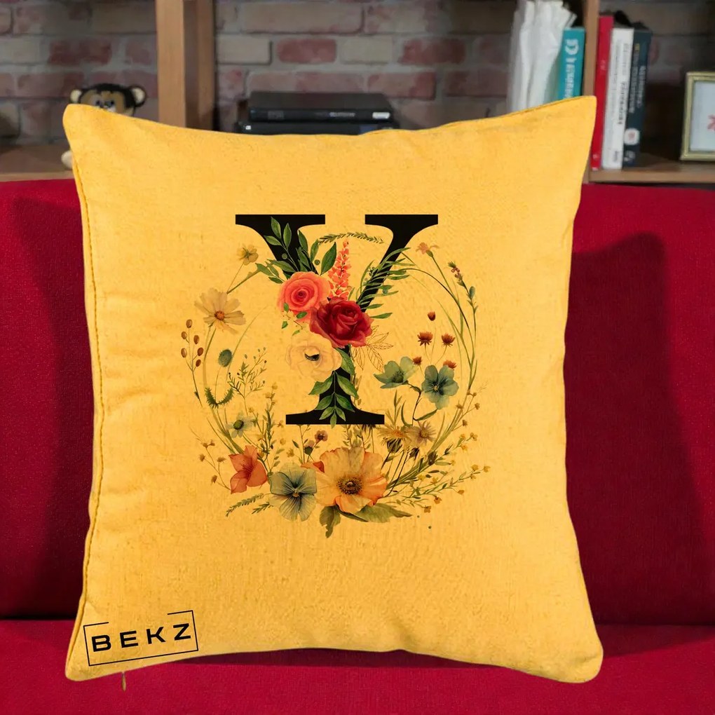 Cadou Personalizat - Perna Personalizata Monograma Florala Litera Y cu Coroana, 40x40 cm, Galben, Husa Detasabila, Perna Inclusa, BEKZ®