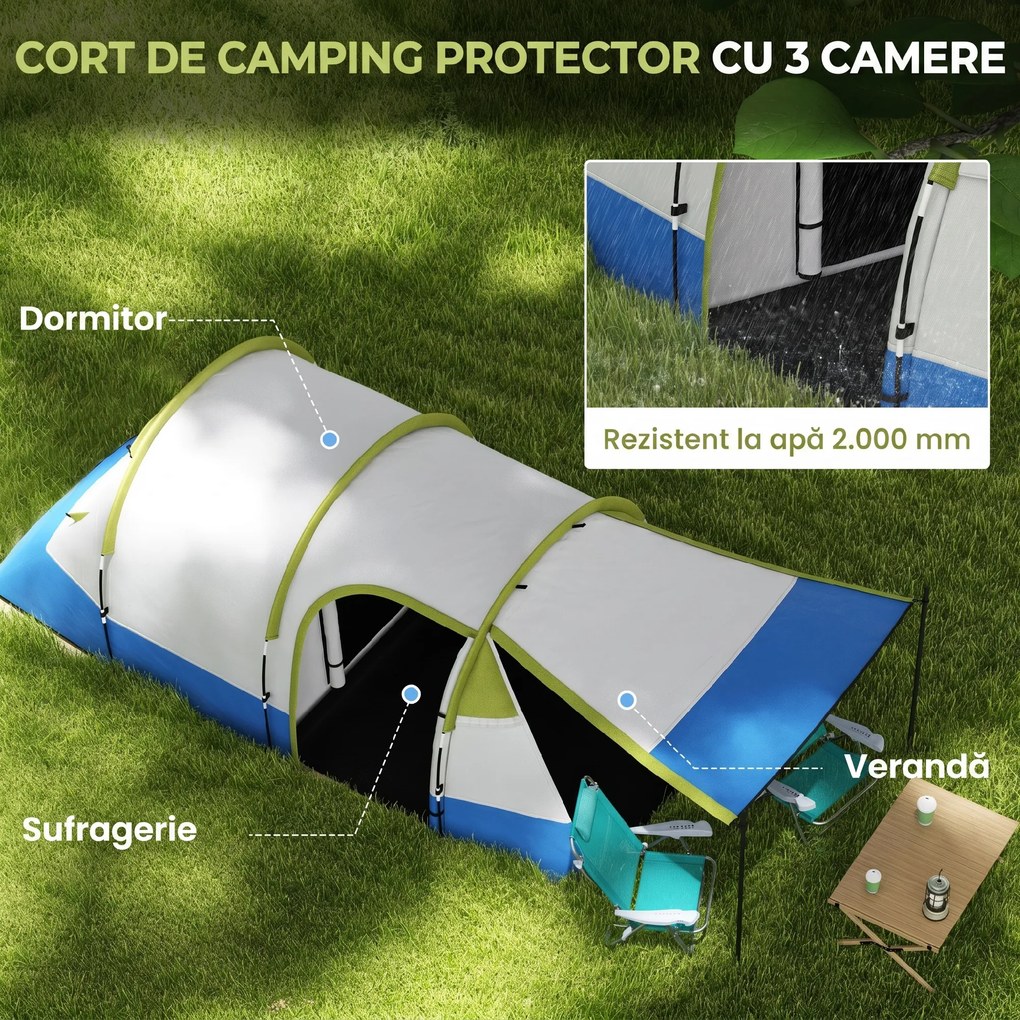 Outsunny Cort de Camping pentru 2-3 Persoane, Impermeabil, cu 2 Zone și 3 Intrări, 420x200x150 cm, Verde | Aosom Romania