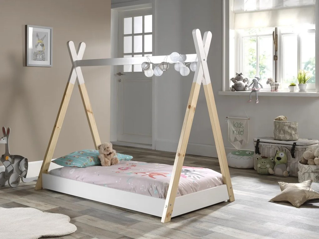 Pat copii ALB/NATURAL pentru copii (70 x 140 cm) din colecția TIPI este fabricat din pin masiv.