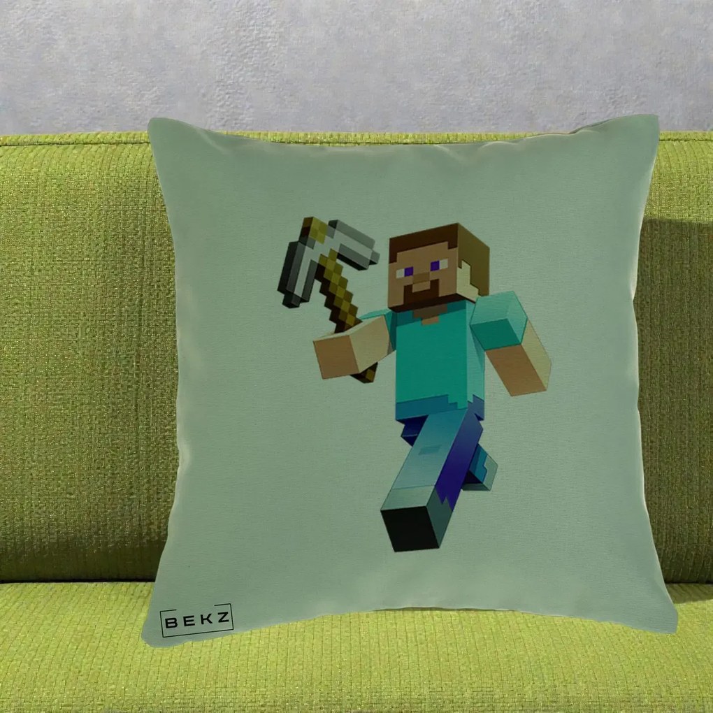 Perna Personalizata Minecraft Steve cu Tarnacop, 40x40 cm, Verde, Husa Detasabila, Perna Inclusa, BEKZ®