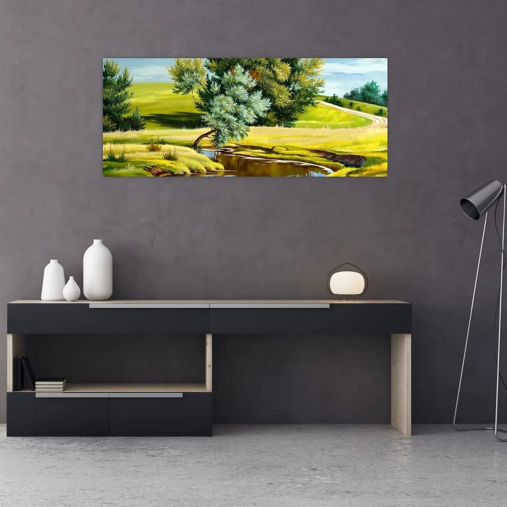 Tablou - Râu între câmpii, pictură în ulei (120x50 cm)