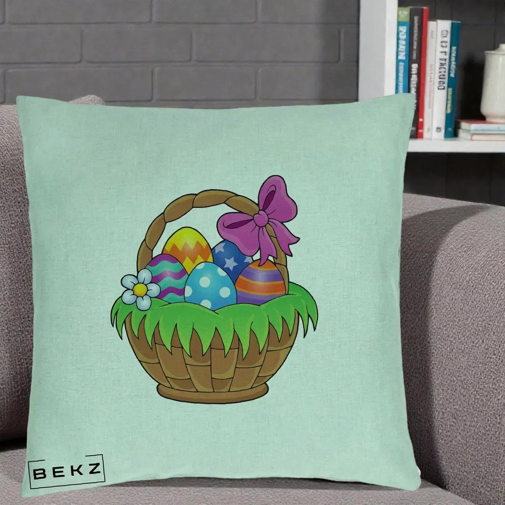 Perna Decorativa Cos cu Oua de Pasti Colorat, 40x40 cm, Verde Menta, Husa Detasabila, Perna Inclusa, BEKZ®