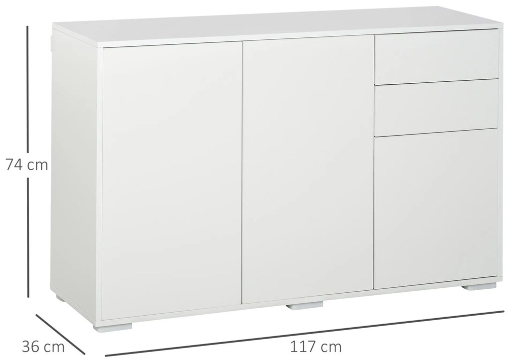 HOMCOM Bufet Comodă Antric, 2 Sertare, Push-Click, 117 cm x 36 cm x 74 cm, Alb | Aosom Romania