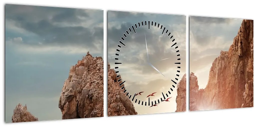 Tablou - Apus de soare peste stânci (cu ceas) (90x30 cm)