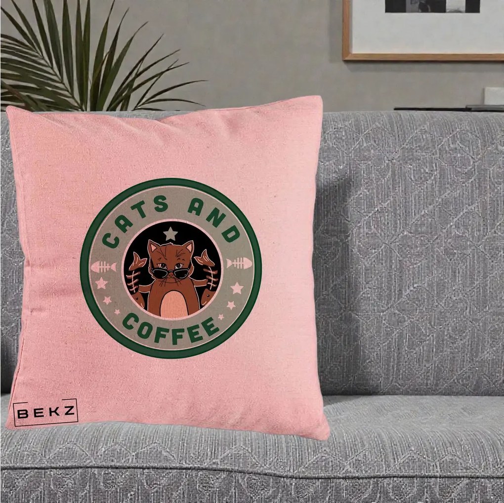 Perna Personalizata Cats and Coffee Starbucks, 40x40 cm, Roz, Husa Detasabila, Perna Inclusa, BEKZ®