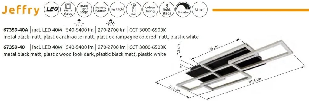 Plafoniera LED CCT cu telecomanda JEFFRY antracit 67359-40A GL