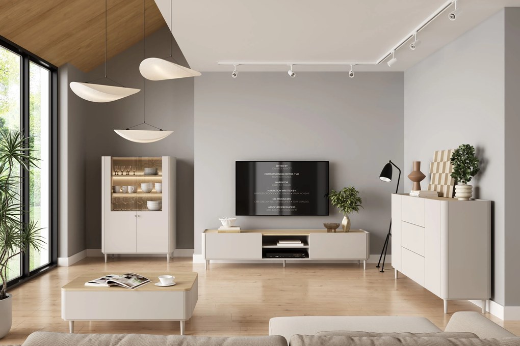 Vitrină cu picioare Elivo 100 cm, cu două uși - cașmir / stejar uleiat