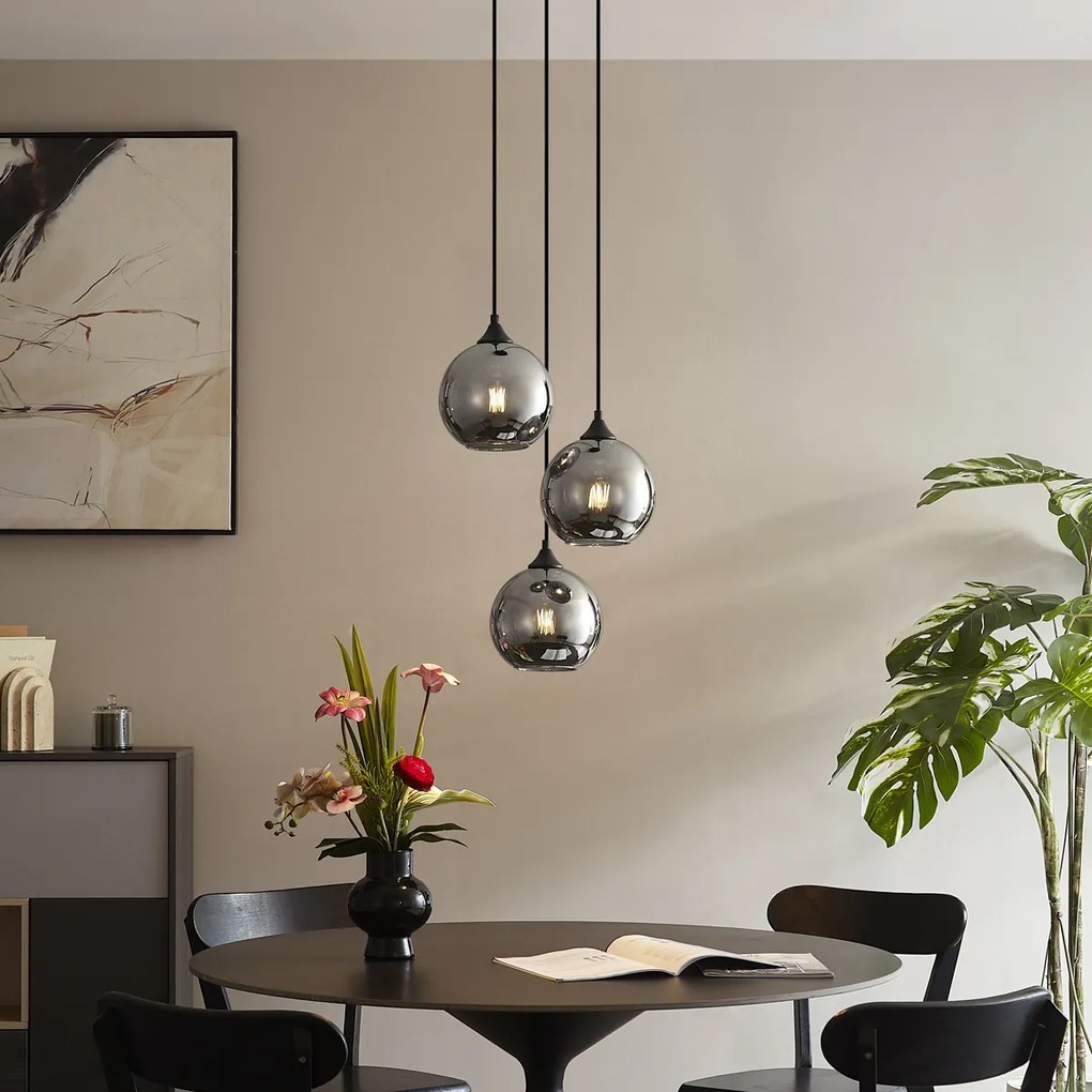 Lampa suspendată Art Deco neagră cu sticlă fumurie cu 3 lumini - Wallace