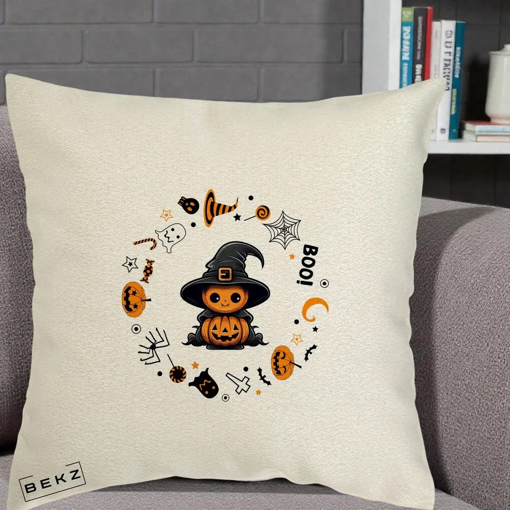 Perna Decorativa Halloween Dovleac Vrajitor Boo cu Simboluri, 40x40 cm, Ecru, Husa Detasabila, Perna Inclusa, BEKZ®