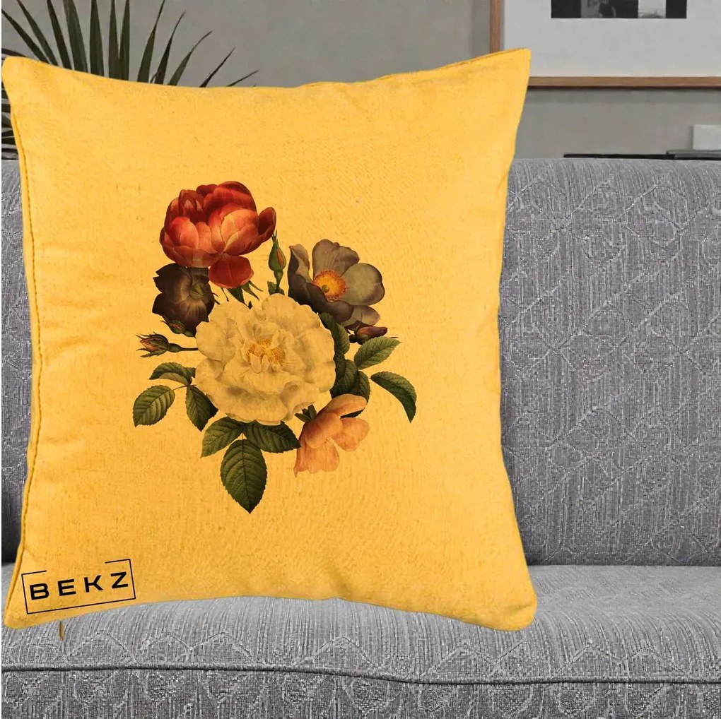 Perna Decorativa Buchet Trandafiri Bujori Botanical, 40x40 cm, Galben, Husa Detasabila, Perna Inclusa, BEKZ®
