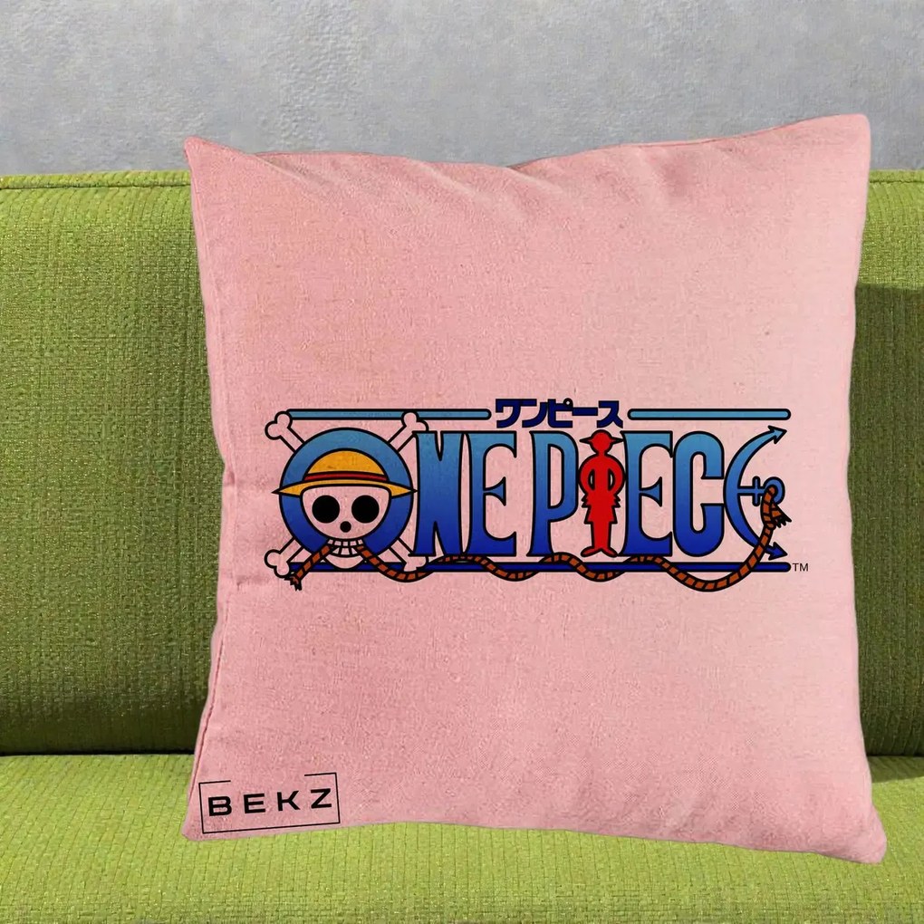 Perna Personalizata One Piece Clasic Albastru, 40x40 cm, Roz, Husa Detasabila, Perna Inclusa, BEKZ®