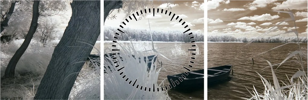 Tablou cu barca pe lac (cu ceas) (90x30 cm)