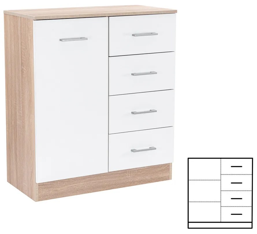 Comodă Miami cu 1 ușă și 4 sertare 80x92 cm alb-stejar sonoma