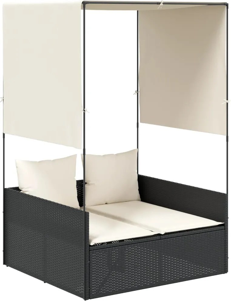 vidaXL Șezlong de plajă dublu cu acoperiș și perdele, negru, poliratan