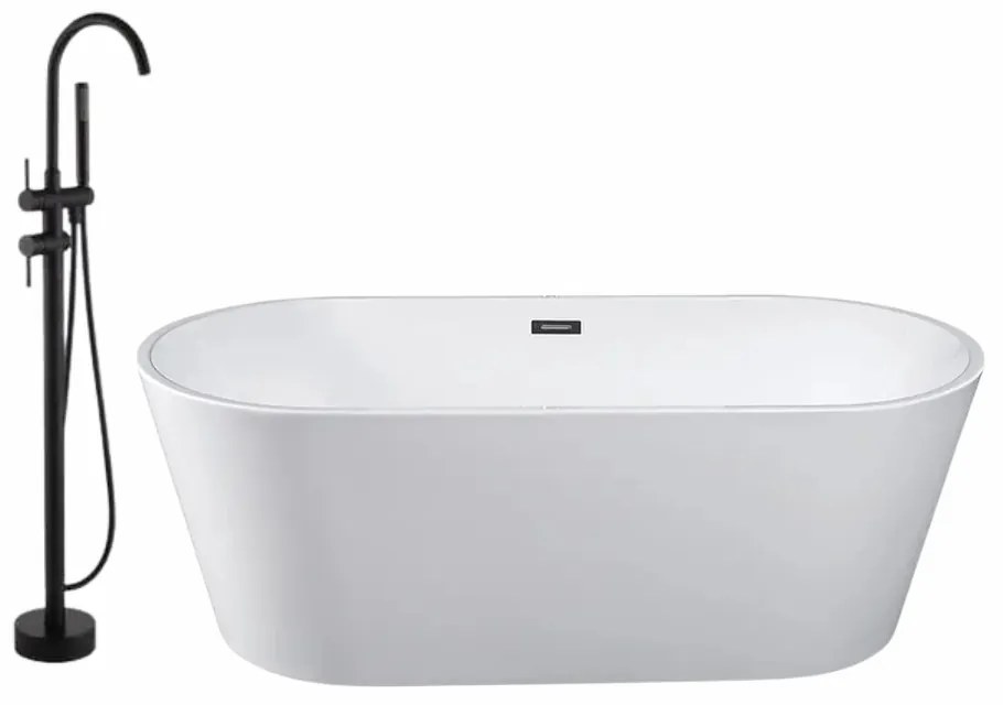 Set cada baie ovala freestanding 170 x 75 cm, Ovale Foglia, plus baterie freestanding, negru mat cu pipa pivotanta