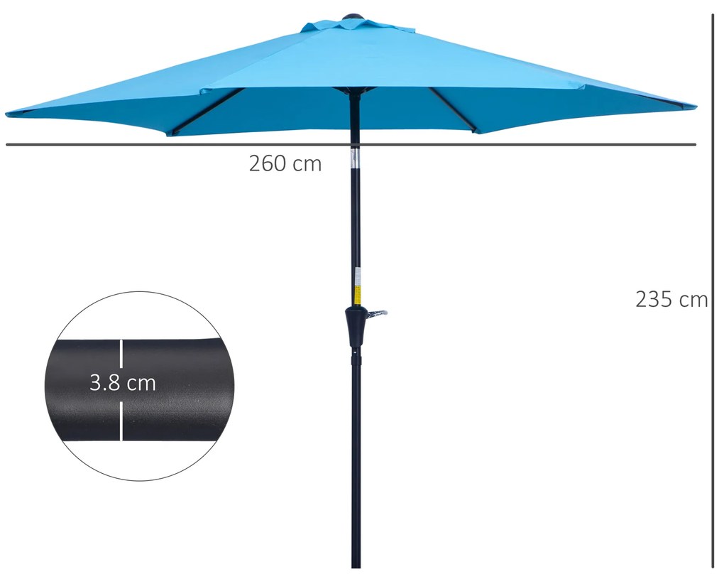 Outsunny Umbrelă de Grădină Înclinabilă cu Manivelă, Tijă și 6 Spițe, Ø2.6x2.4 m, Albastru | Aosom Romania
