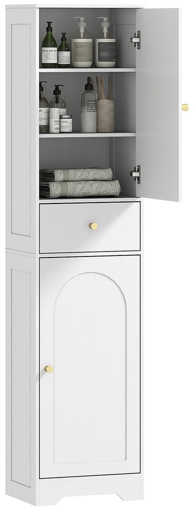 HOMCOM Dulap baie înalt, mobilier depozitare coloană cu dulapuri, sertar și rafturi reglabile 40x29,5x170cm alb | Aosom Romania