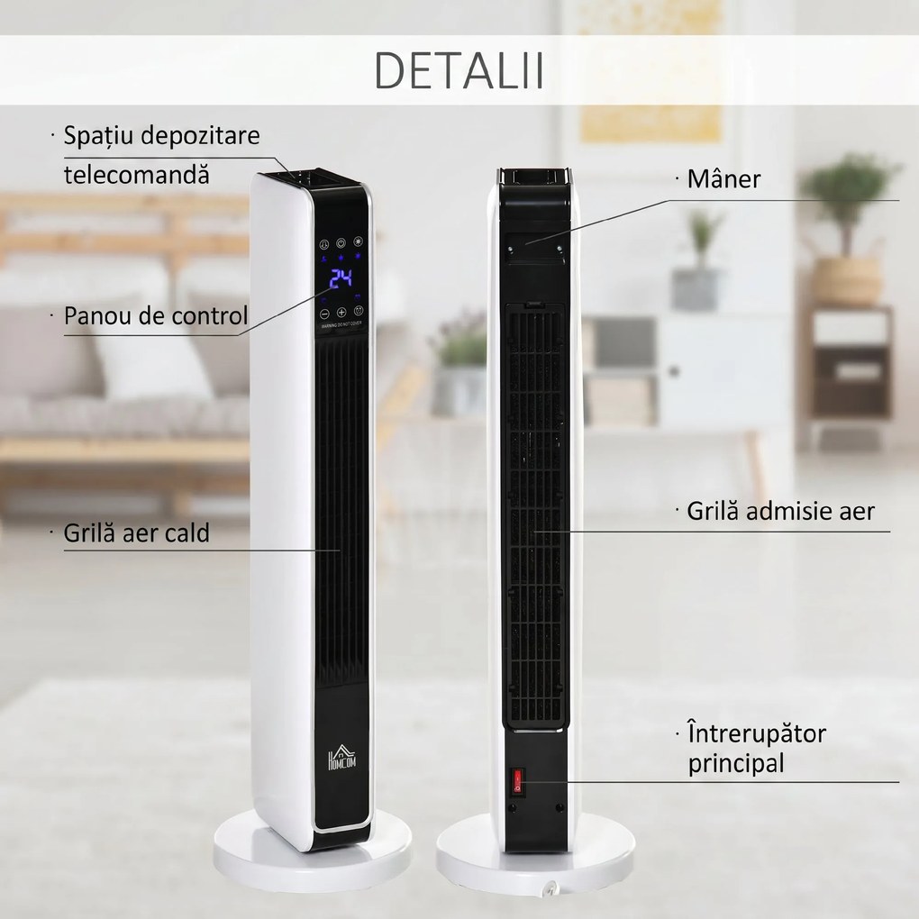 HOMCOM Încălzitor Electric Ceramic de 2200W cu 3 Moduri de Funcționare și Telecomandă, Alb | Aosom Romania