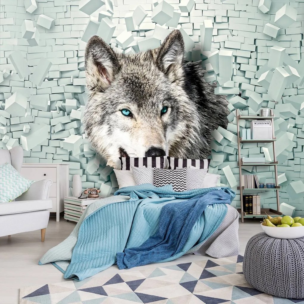 Fototapet - Lup iese din 3D perete (152,5x104 cm)