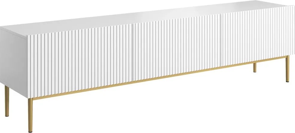 Comodă TV cu sertar Nicole 200 cm cu picioare metalice - alb mat / picioare aurii