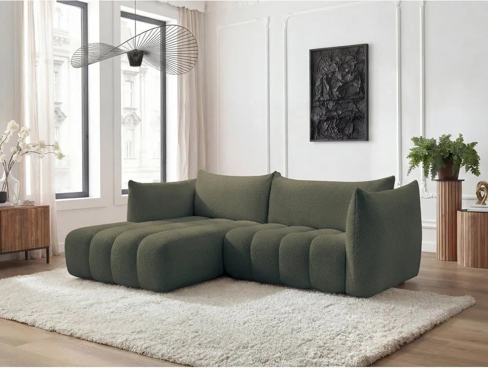 Colțar verde cu tapițerie din țesătură bouclé (cu colț pe partea stângă/cu șezlong) Azra – Bobochic Paris
