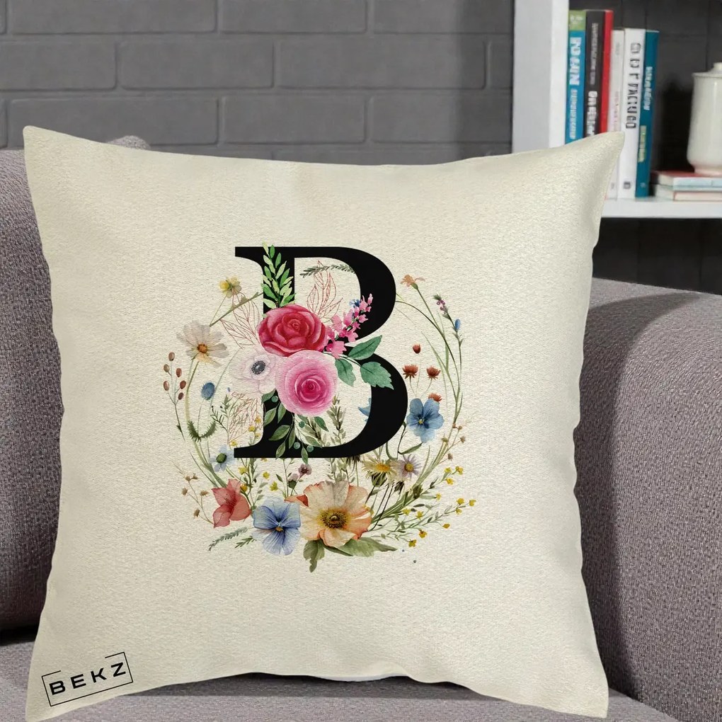 Cadou Personalizat - Perna Personalizata Monogram Litera B cu Flori Acuarela, 40x40 cm, Ecru, Husa Detasabila, Perna Inclusa, BEKZ®
