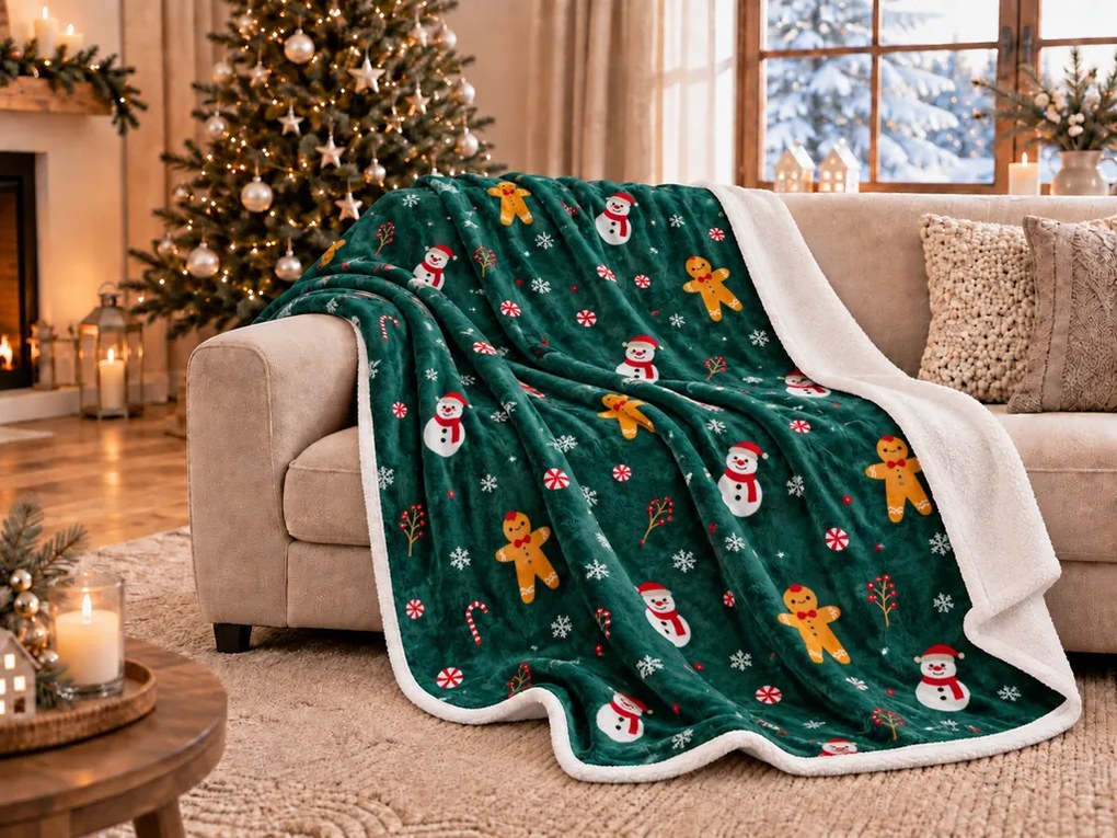 Patura miel din microplus de Craciun SNOWMAN AND GINGERBREAD, verde inchis Dimensiune: 200 x 220 cm