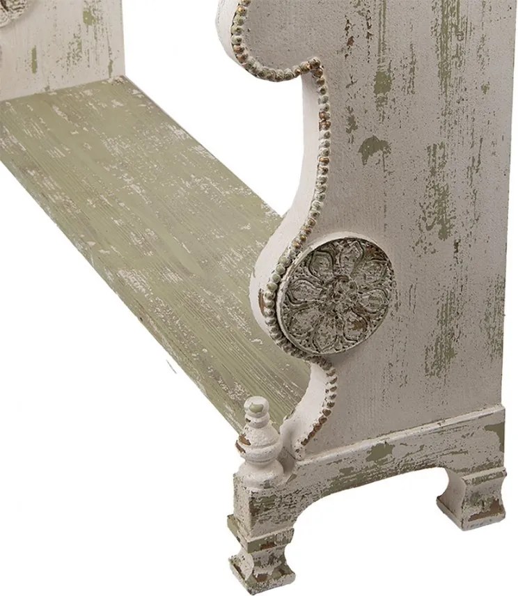 Consolă hol shabby chic din lemn, alb, cu 3 sertare, raft verde și ornamente sculptate, finisaj antichizat, 99 x 129 x 36 cm, „Lisette”