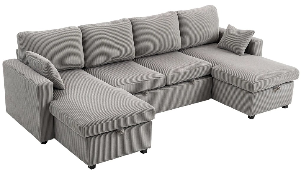 HOMCOM Canapea Extensibilă Modernă în Formă de U și Spații de Depozitare, Catifea Reiată, 282x140x86 cm, Gri | Aosom Romania