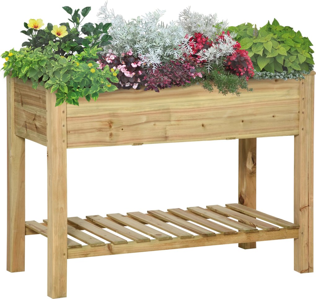 Outsunny Ghiveci înălțat cu etajeră de depozitare din lemn, pătrat de grădină pe picioare ridicat, 113 x 56 x 84 cm, verde | Aosom Romania