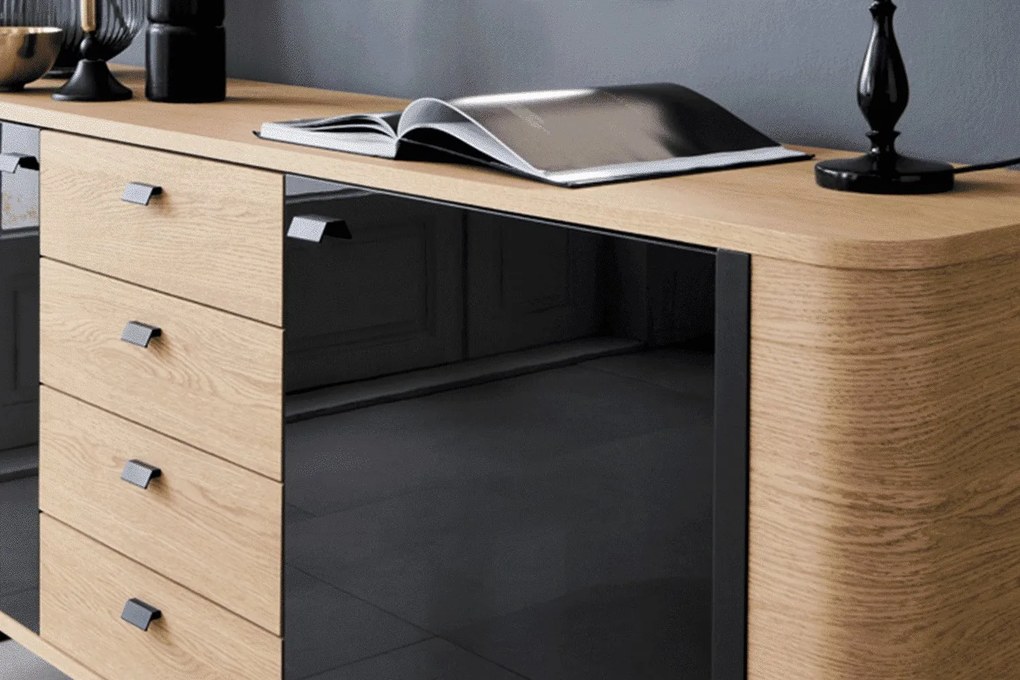 Comodă lemn masiv natur Galen II Negru-, 190,6 × 40,2 × 89,6 cm