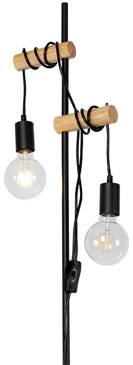 Lampă de podea rustică neagră cu lemn 2 lumini - Dami