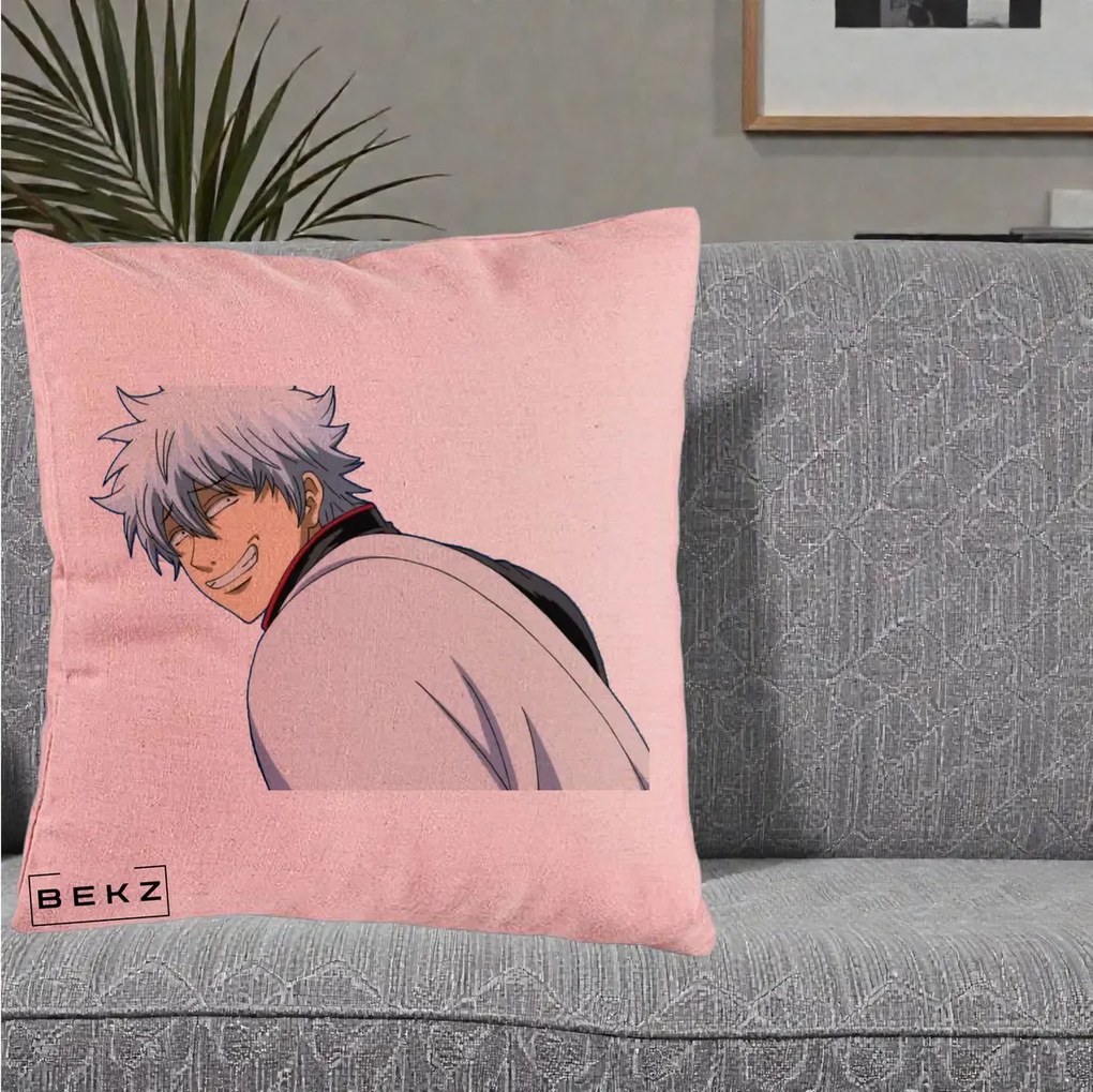 Perna Personalizata Gintama Gintoki Portret cu Zambet, 40x40 cm, Roz, Husa Detasabila, Perna Inclusa, BEKZ®