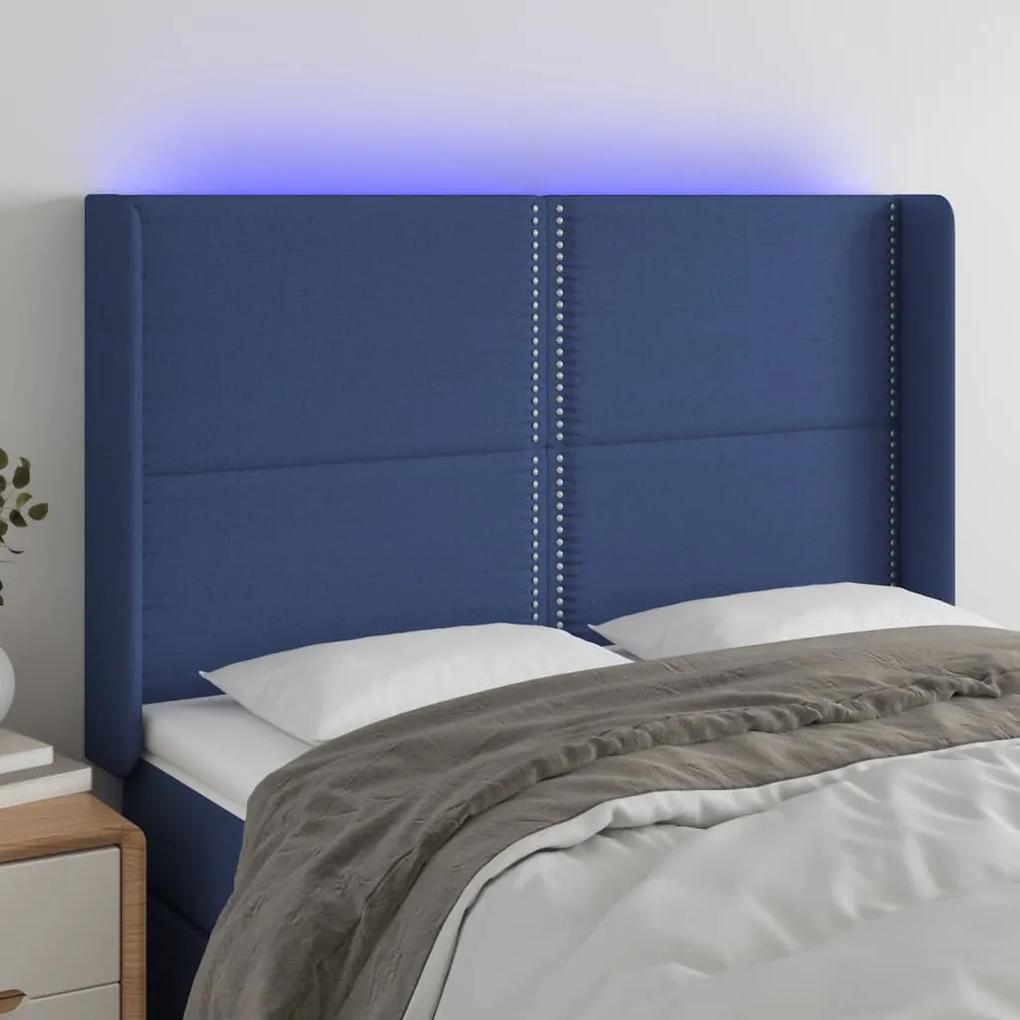 3123912 vidaXL Tăblie de pat cu LED, albastru, 147x16x118/128 cm, textil